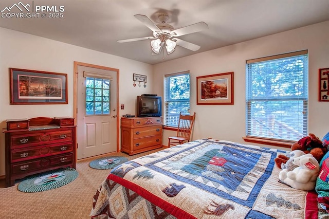 bedroom with ceiling fan and carpet flooring