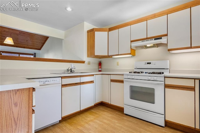 kitchen featuring white cabinetry, light hardwood / wood-style floors, white appliances, and sink