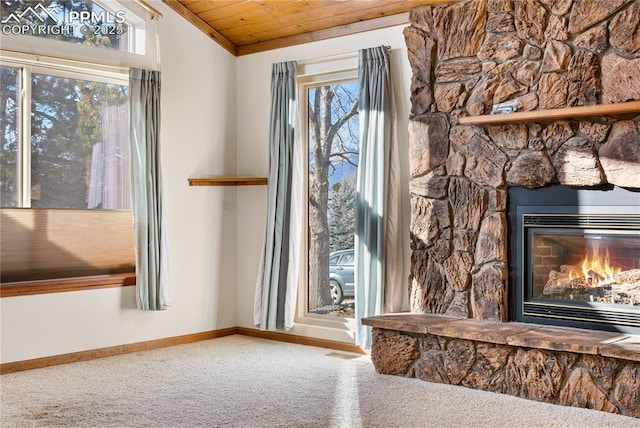 interior details with a fireplace and carpet floors