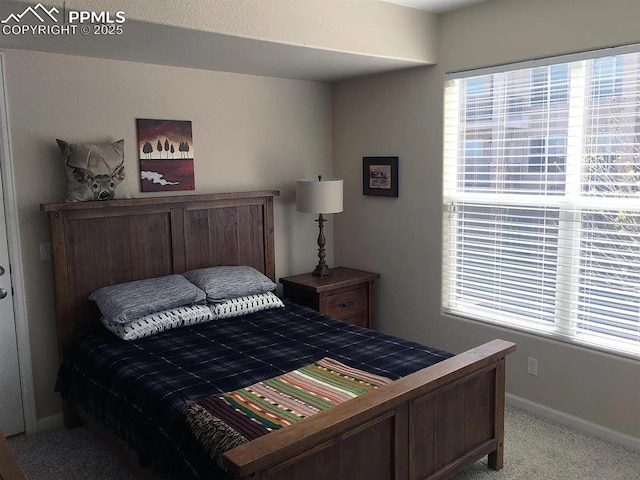 bedroom featuring light carpet