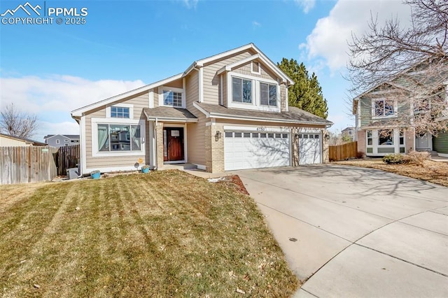 front facade with a garage and a front lawn