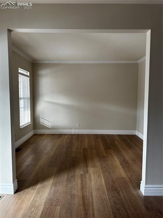 empty room featuring crown molding and dark hardwood / wood-style floors