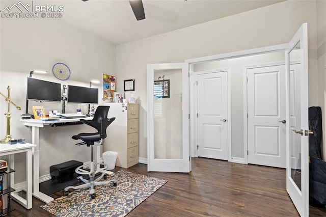 office space with dark hardwood / wood-style floors, french doors, and ceiling fan