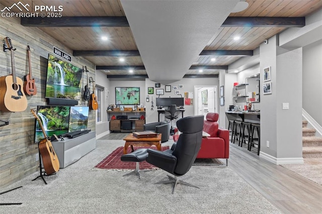 living room with wood ceiling, beam ceiling, and hardwood / wood-style flooring