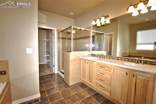 bathroom with vanity and plus walk in shower