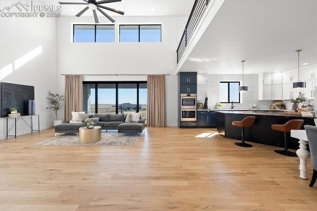 living room with light hardwood / wood-style floors and ceiling fan