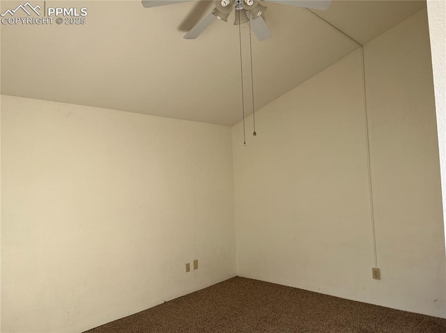 carpeted empty room with lofted ceiling and ceiling fan