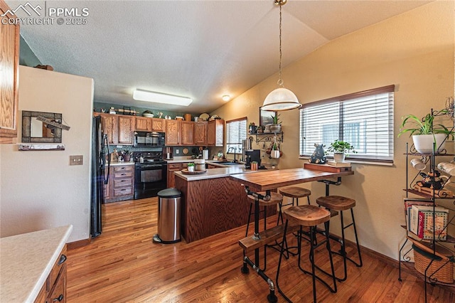 kitchen with sink, vaulted ceiling, light hardwood / wood-style floors, pendant lighting, and black appliances