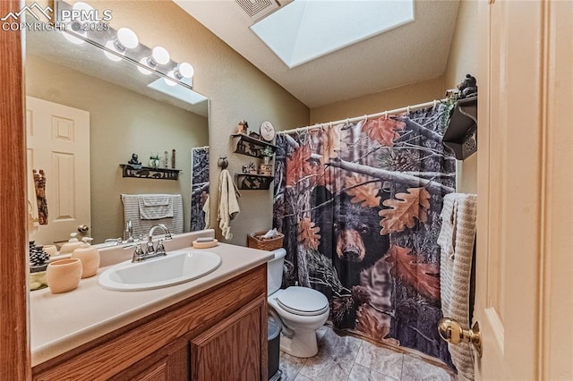 bathroom with toilet, a skylight, and vanity