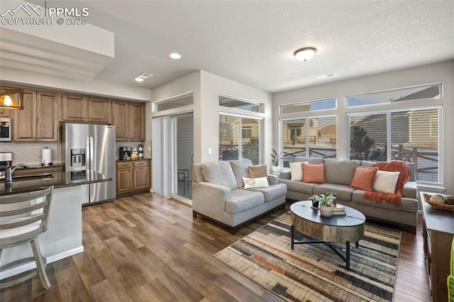 living room featuring dark hardwood / wood-style flooring, sink, and a textured ceiling