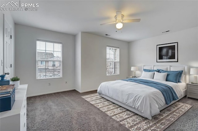 bedroom with ceiling fan and carpet floors