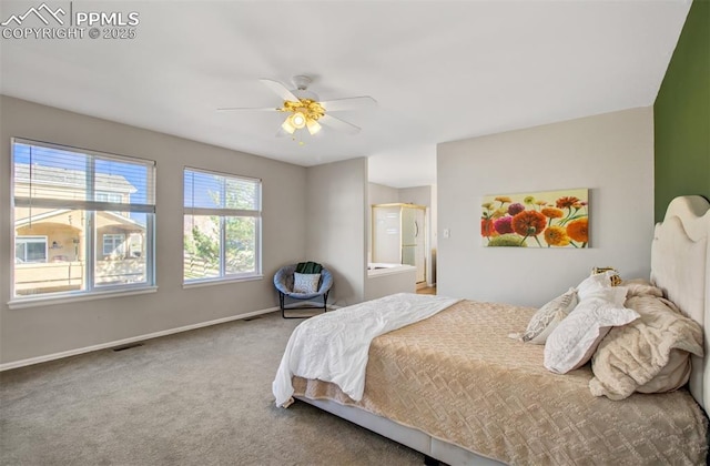 bedroom with ceiling fan and carpet floors