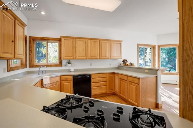 kitchen with sink, black dishwasher, range, and kitchen peninsula