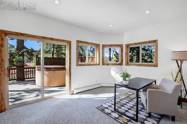 carpeted home office with baseboard heating