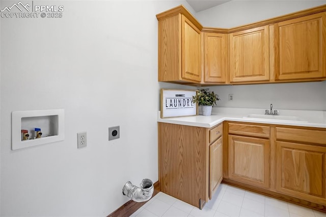 clothes washing area with washer hookup, hookup for an electric dryer, cabinets, light tile patterned flooring, and sink