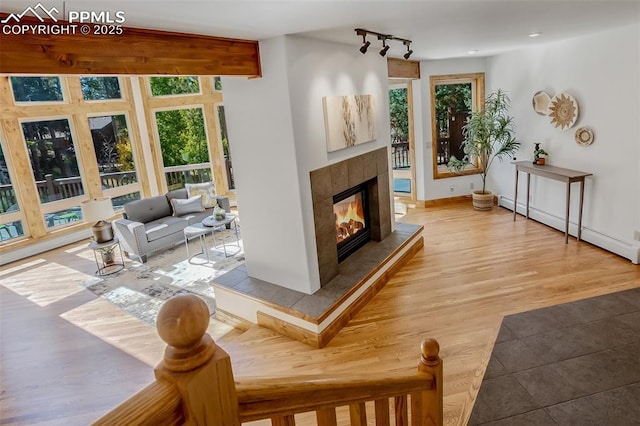 living room featuring a fireplace, a baseboard heating unit, and hardwood / wood-style floors