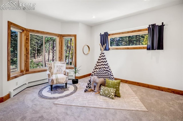 interior space featuring a baseboard radiator and carpet