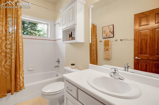 full bathroom with vanity, shower / bath combination with curtain, tile patterned floors, and toilet