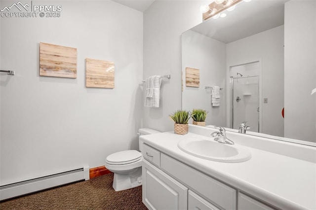 bathroom with toilet, a shower with door, a baseboard radiator, and vanity