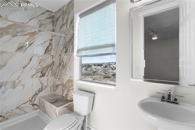 bathroom with toilet, ceiling fan, and sink