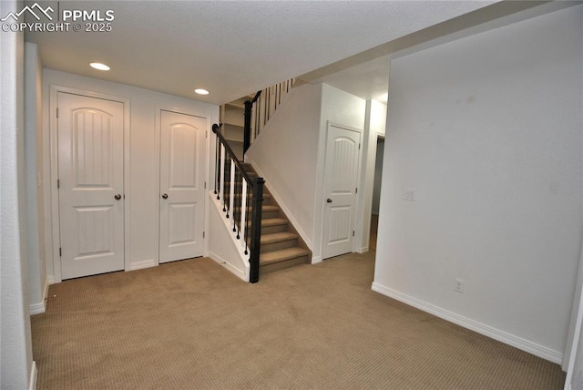 basement featuring light colored carpet