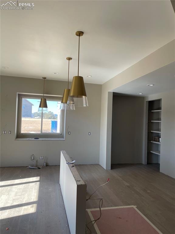 kitchen with hardwood / wood-style floors, pendant lighting, and built in features