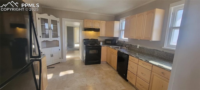 kitchen with under cabinet range hood, crown molding, black appliances, light brown cabinets, and a sink