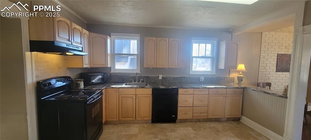 kitchen featuring light brown cabinetry, a sink, a textured ceiling, under cabinet range hood, and black appliances