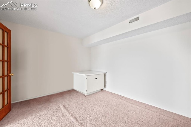 spare room featuring light carpet and a textured ceiling