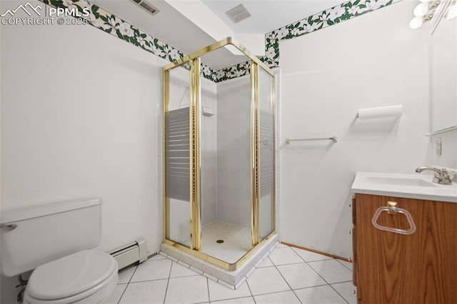 bathroom with baseboard heating, tile patterned floors, toilet, walk in shower, and vanity