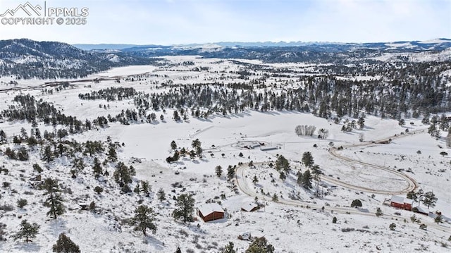 snowy aerial view featuring a mountain view