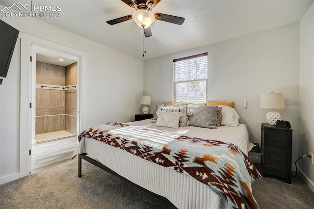 carpeted bedroom featuring ceiling fan and connected bathroom