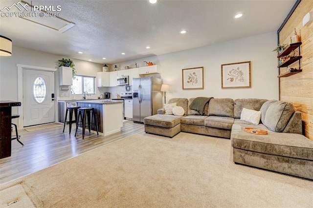 living room featuring a textured ceiling, light hardwood / wood-style floors, and sink