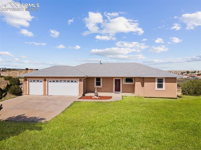 ranch-style home with a front yard and a garage