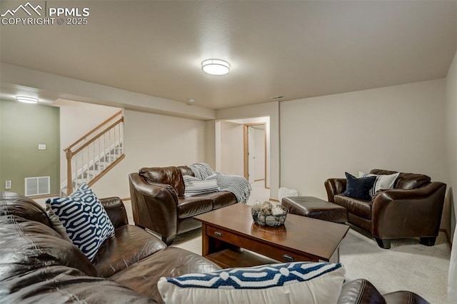 living room with light colored carpet