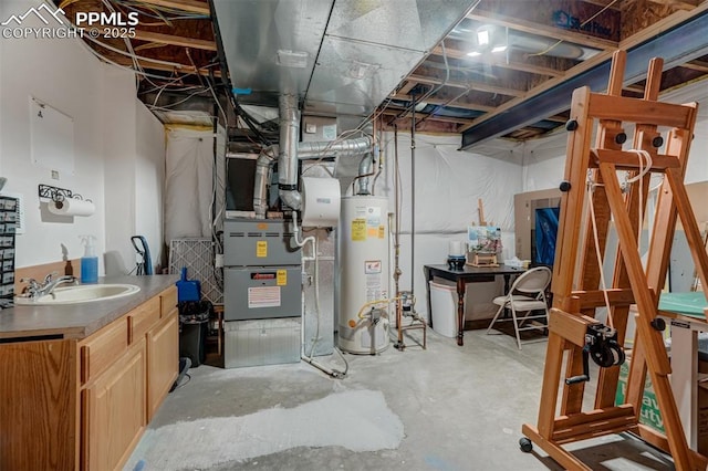 utility room with sink, heating unit, and water heater