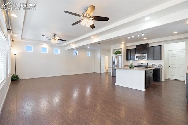 kitchen with ceiling fan, appliances with stainless steel finishes, dark hardwood / wood-style floors, a raised ceiling, and a center island