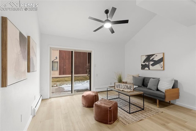 living room featuring high vaulted ceiling, baseboard heating, ceiling fan, and light wood-type flooring