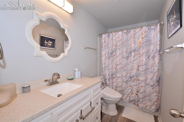 bathroom with toilet, vanity, and hardwood / wood-style flooring