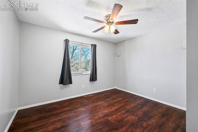 unfurnished room with a textured ceiling, ceiling fan, and hardwood / wood-style flooring