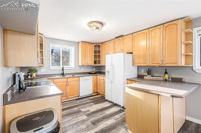 kitchen with hardwood / wood-style flooring, white appliances, sink, and light brown cabinets