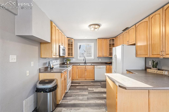 kitchen with sink, white appliances, dark hardwood / wood-style floors, kitchen peninsula, and light brown cabinets