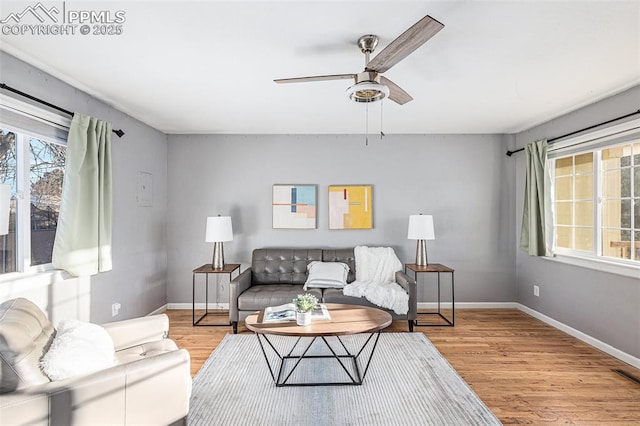 living room featuring ceiling fan, plenty of natural light, and light wood-type flooring