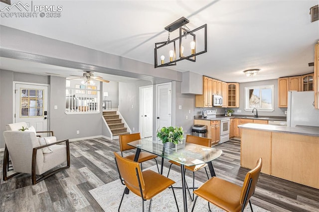 dining area featuring ceiling fan, dark hardwood / wood-style floors, and sink