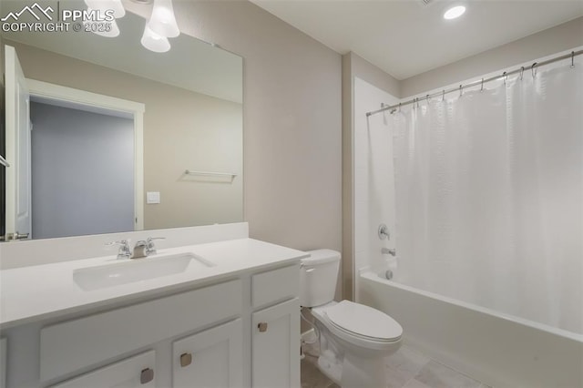 full bathroom with toilet, vanity, tile patterned floors, and shower / bathtub combination with curtain