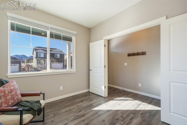 living area with a mountain view and wood-type flooring