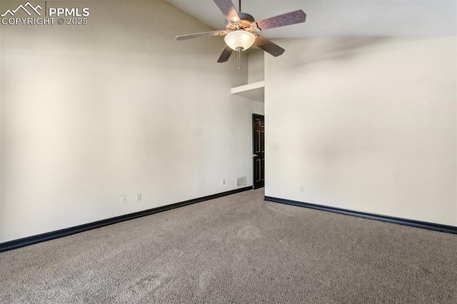 carpeted empty room featuring lofted ceiling and ceiling fan