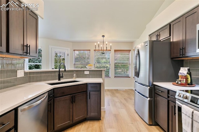 kitchen featuring appliances with stainless steel finishes, tasteful backsplash, pendant lighting, dark brown cabinetry, and sink