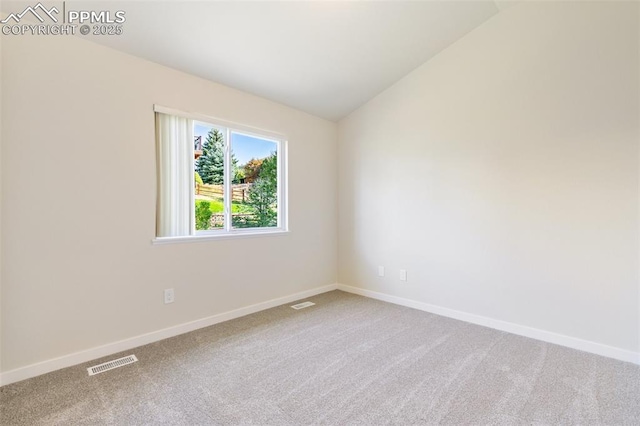 spare room with carpet and vaulted ceiling