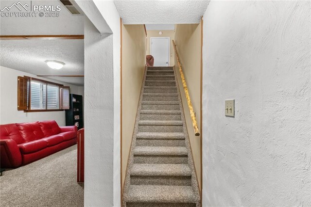 staircase with carpet and a textured ceiling